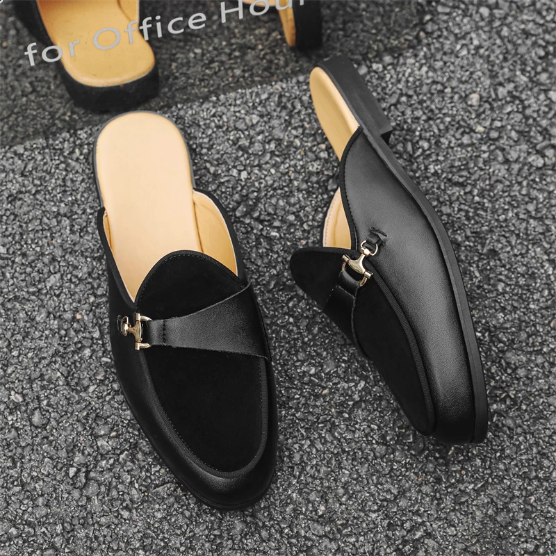Trend Mens Charm Suede Leather Half Slippers Black Brown Shoes Male Casual Mules Breathable Moccasins 260202