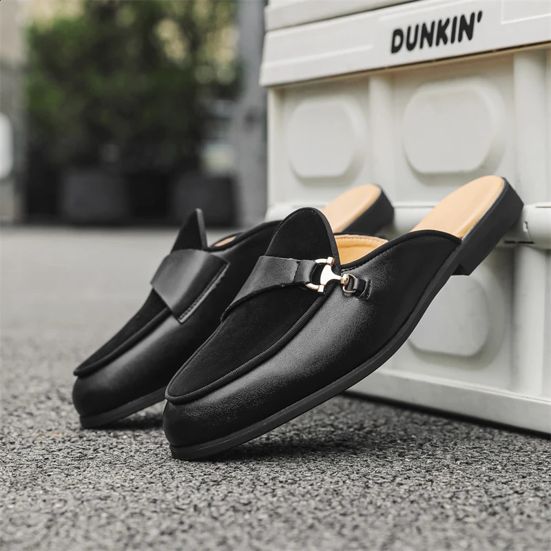 Trend Mens Charm Suede Leather Half Slippers Black Brown Shoes Male Casual Mules Breathable Moccasins 260202