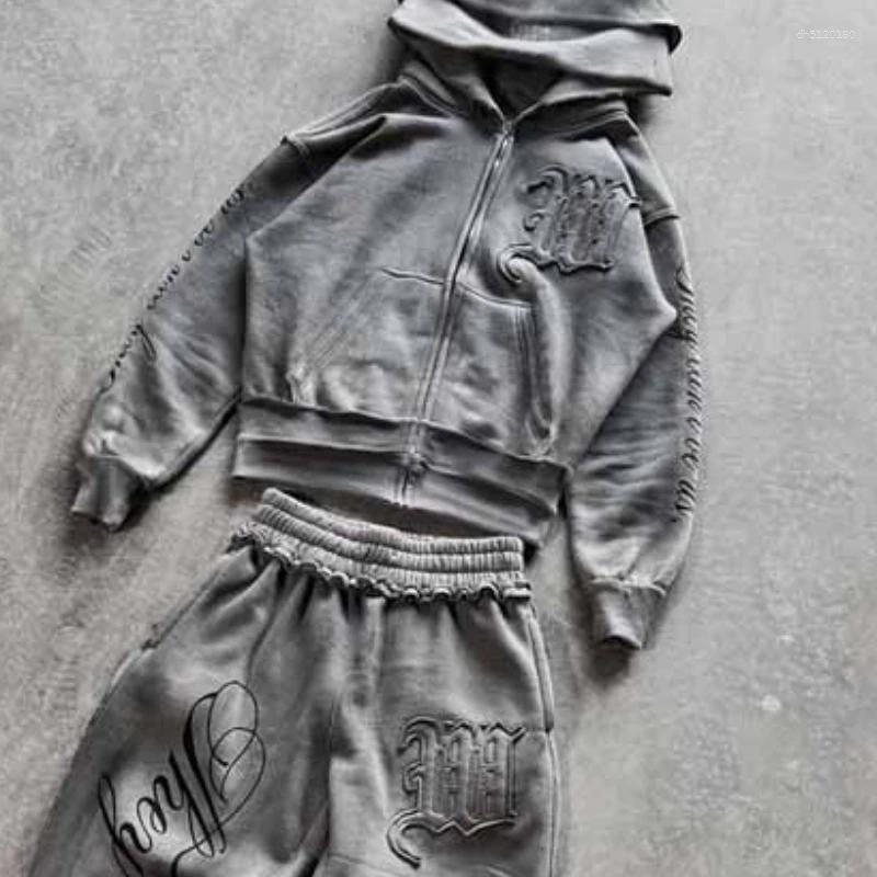 Men's Hoodies Grey Distressed Embroidery Tracksuit Set Women's Streetwear Oversized Hoodie & Pants Edgy Casual Two-Piece Outfit