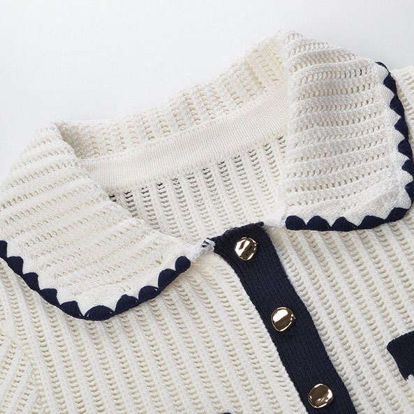 2026 Spring New Designer Color blocked Single breasted Elegant Short sleeved Knitted Top