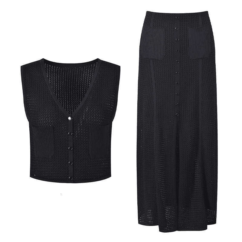 2026 French Design Hollow Knitted Sleeveless Tank Top Split Women's Skirt Set