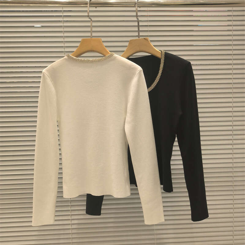 2026 French social octagonal collar heavy craftsmanship light luxury elegant slim fit Tencel long sleeved knitted women's top