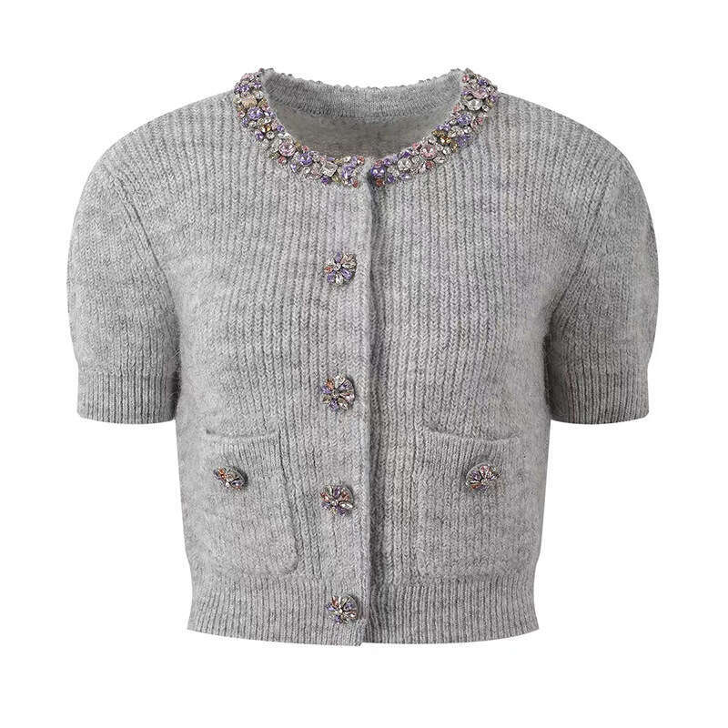 2026 Autumn/Winter New Alpaca Hair Colored Water Diamond Round Neck Dalang Knitted Women's Cardigan