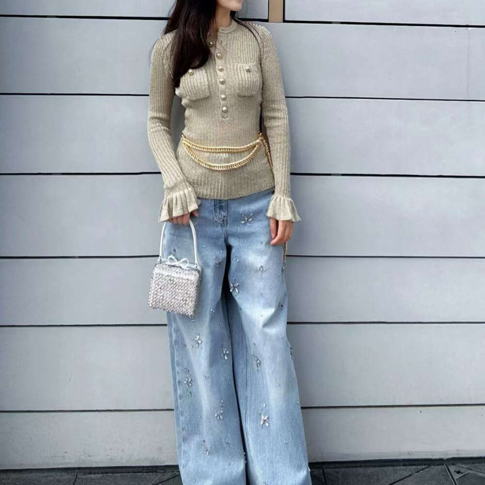 2026 Autumn/Winter New Women's Fashion Gold Round Neck Long Sleeve Solid Color Slimming Knitted Top