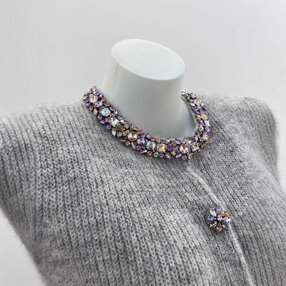 2026 Autumn/Winter New Alpaca Hair Colored Water Diamond Round Neck Dalang Knitted Women's Cardigan