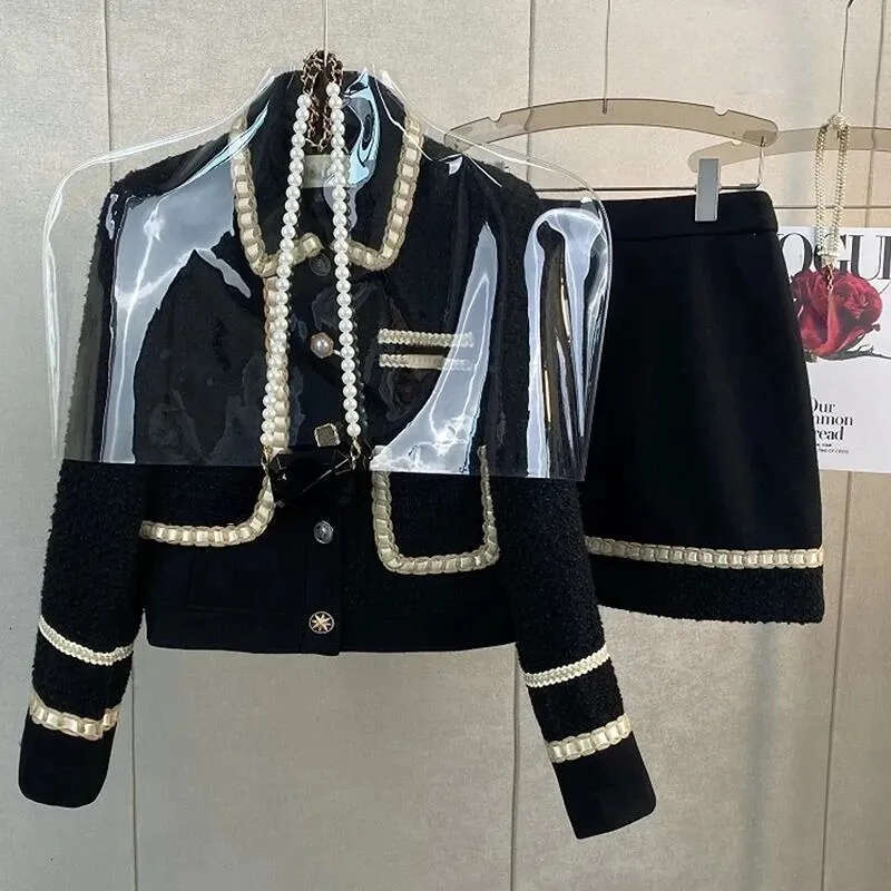 Winter retro small fragrance black floral coat wool jacket, two sets of hip wrapped mini skirt dress set for women