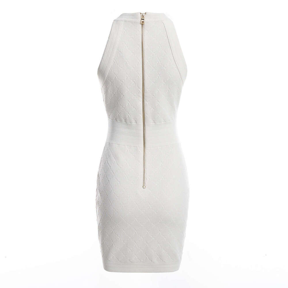 Summer new women's fashionable social style dress, high-end mid to long French white backless collar sleeveless knitted skirt