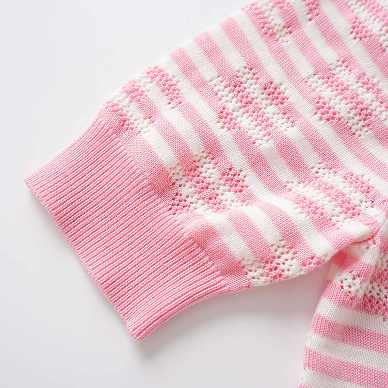 Girl style pink and white striped hollow round neck knitted cardigan, 2026 summer and autumn new top, women's clothing