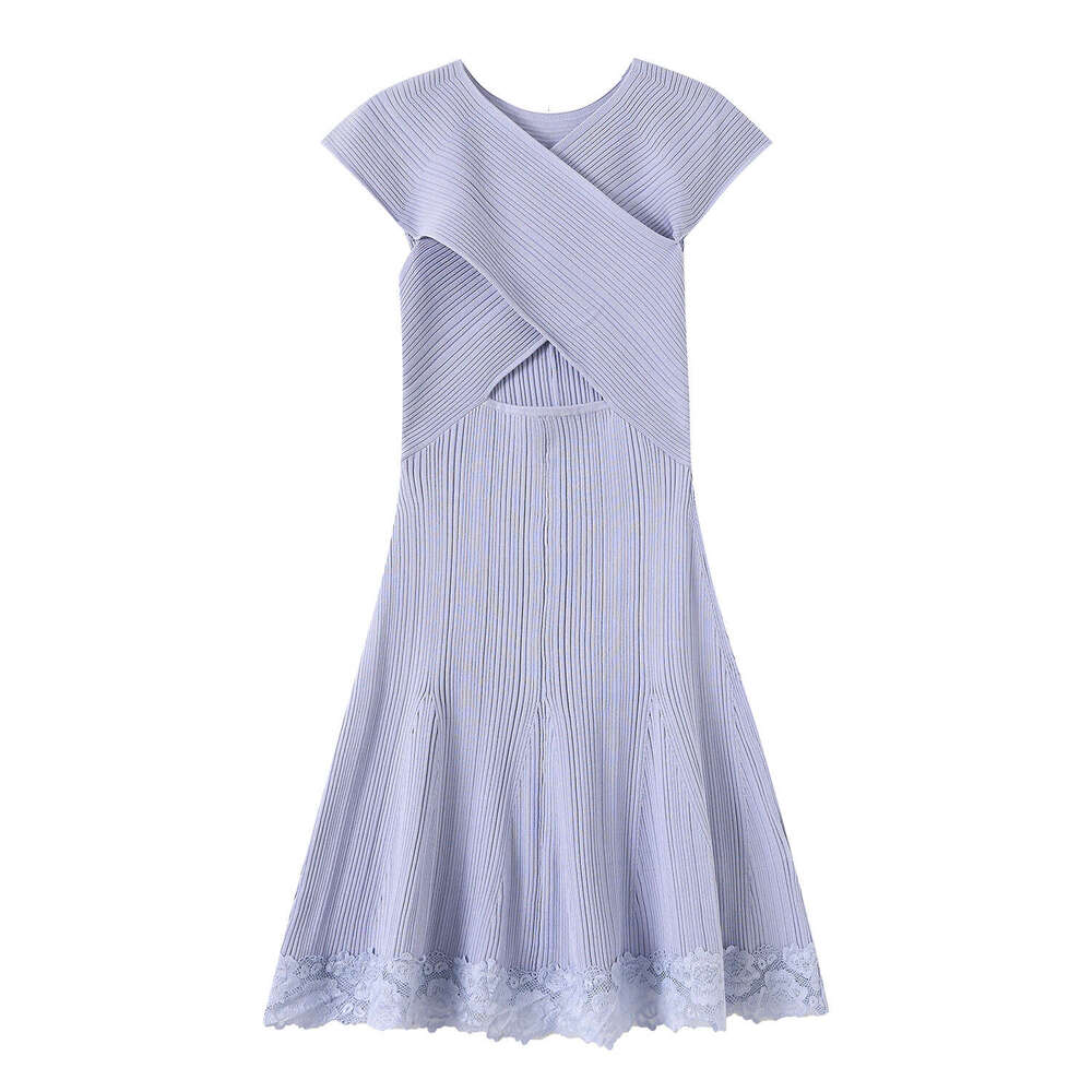 2026 summer minimalist designer style sleeveless cross waistband lace knit women's dress