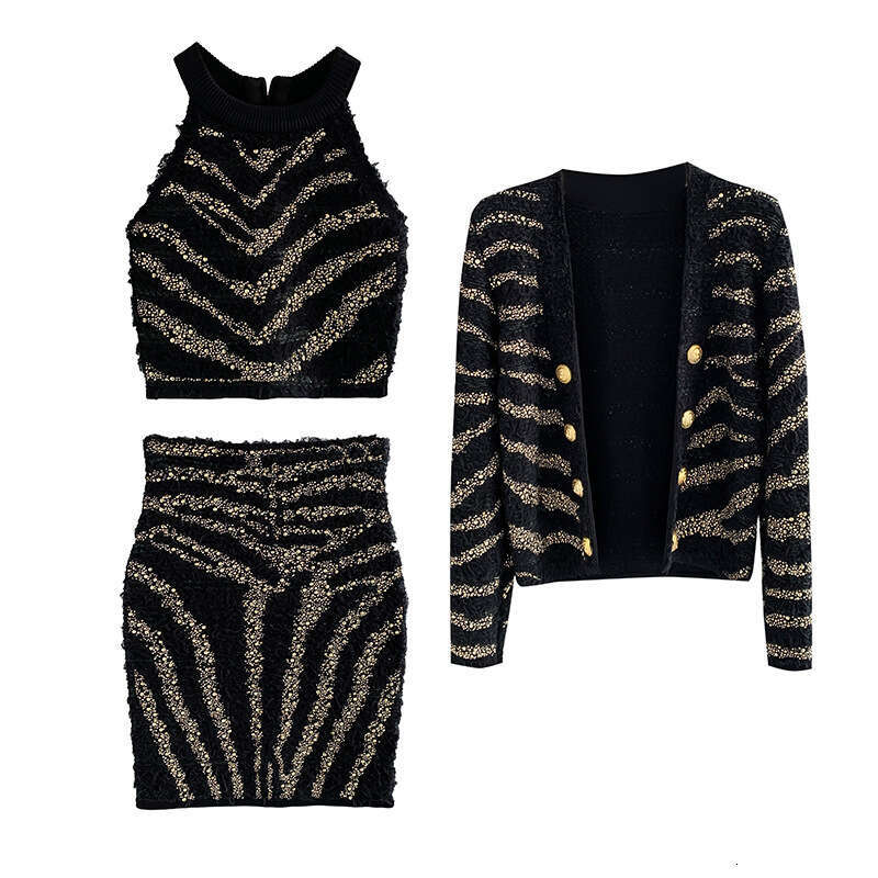 2026 New Luxury Social Embroidered Diamond Inlaid Metal Buckle Jacket Tight Skirt Two Piece Set for Women