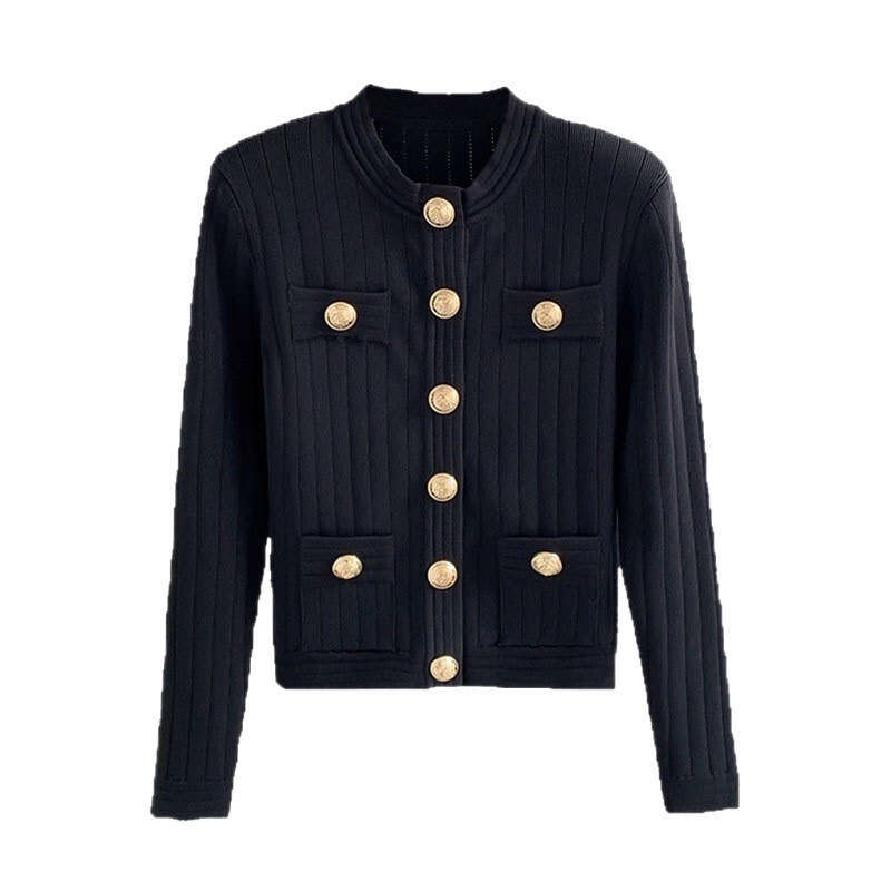 French social style metal buckle knitted cardigan with double pockets design top for autumn slim fit women 2026