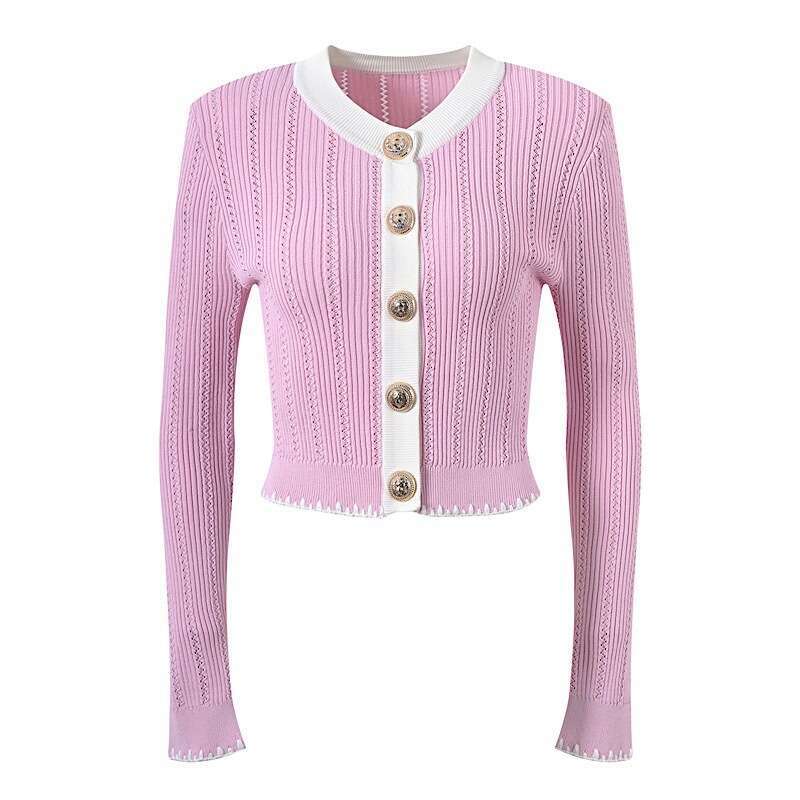 2026 Spring/Summer New Collection Color Contrasting Round Neck Long Sleeve Knitted Cardigan for Women, Tailored and Fashionable for Women