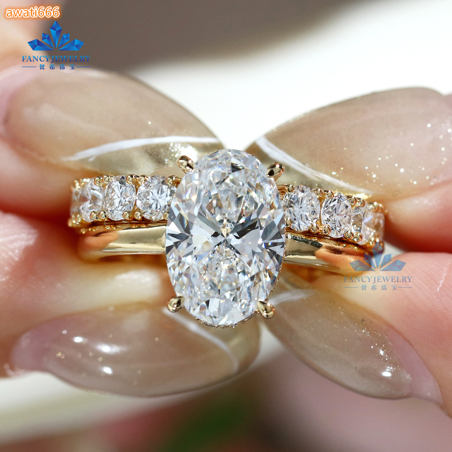 Hot Sale 10K Solid Gold Women Engagement Wedding Rings Set Oval Cut Lab Diamond Engagement Rings