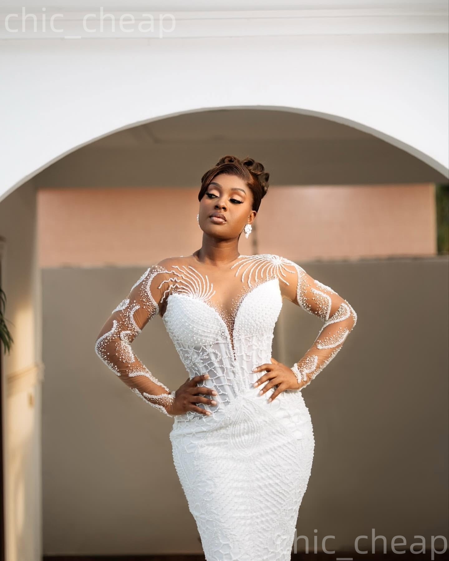African Aso Ebi 2026 Off White Mermaid Wedding Dress Full Sleeves Beaded Sequined Sheer Neck Sequined Stylish Bridal Gowns Dresses ZJ2331