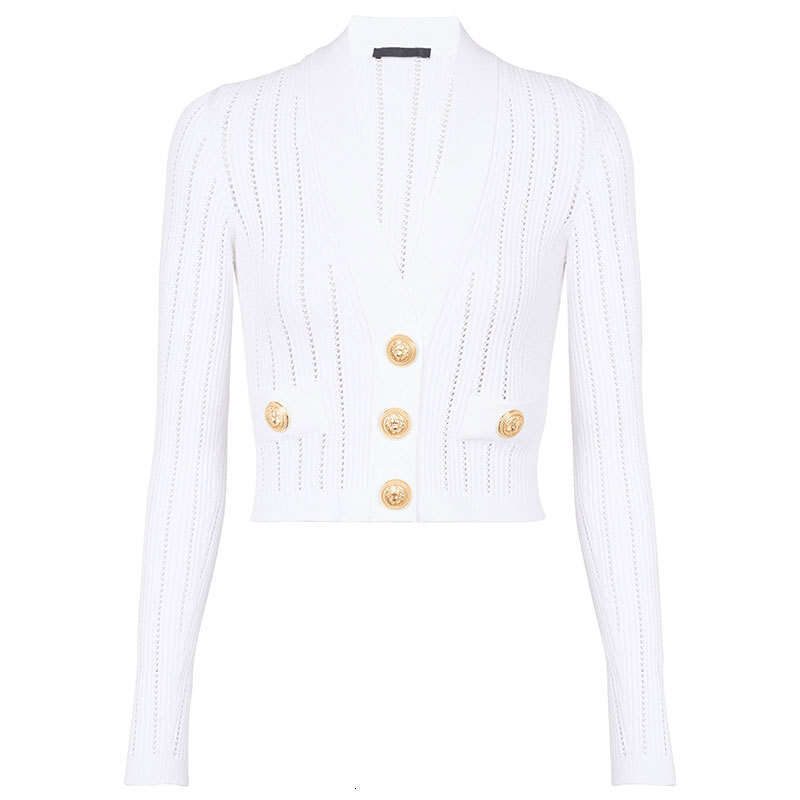 2026 Spring Solid Color Sexy V-neck Hollow Gold Button Decorative Knitted Cardigan Women's Long Sleeve Top