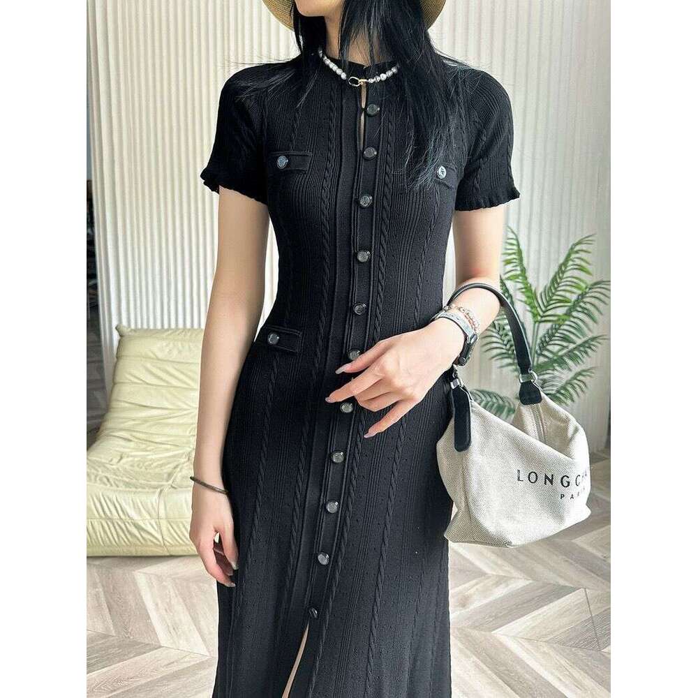 2026 autumn new women's French hollow short sleeved pleated knitted slim fit split dress