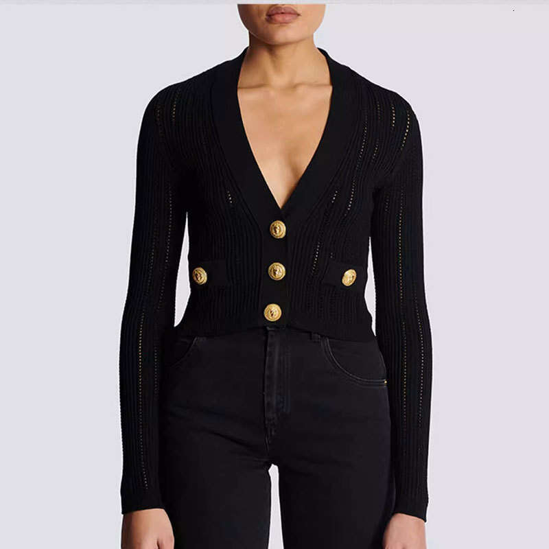 2026 Spring Solid Color Sexy V-neck Hollow Gold Button Decorative Knitted Cardigan Women's Long Sleeve Top