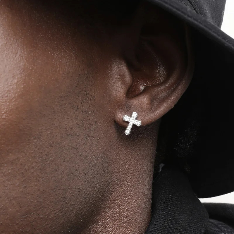 Rhinestones Cross Earrings for Men Personality Hip-Hop Pair Stainless Steel Stud Earrings Male Womens Party Jewelry 260206