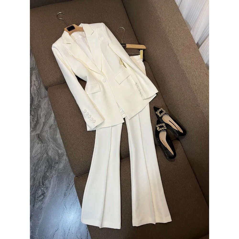 Autumn white and black solid color two-piece long sleeved split single button sports jacket top high waisted flared pants long pants set