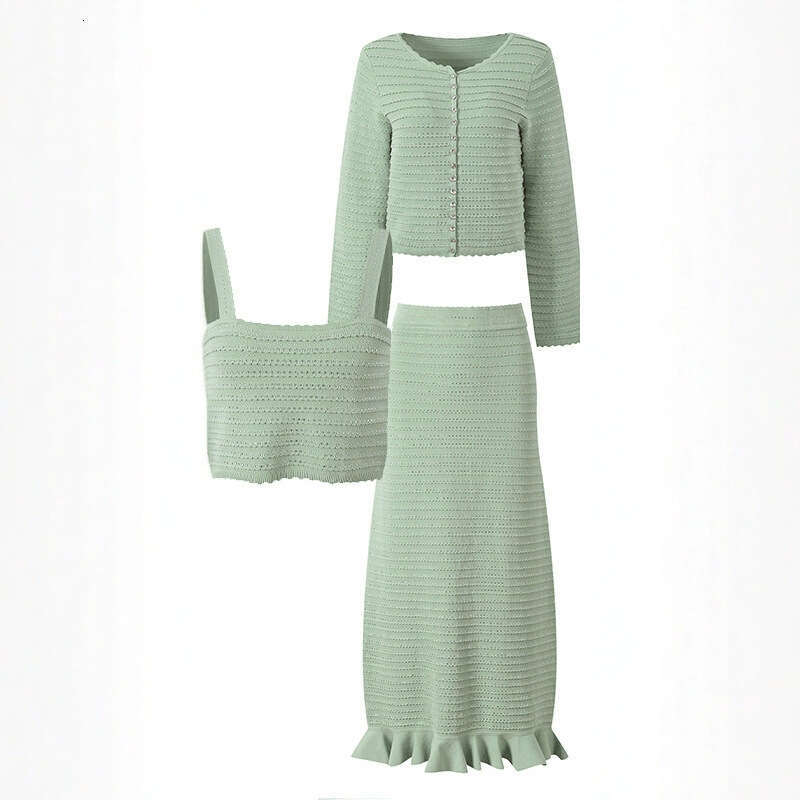 2026 spring/summer new lace rhinestone elegant round neck short cardigan vest skirt three piece set women's suit