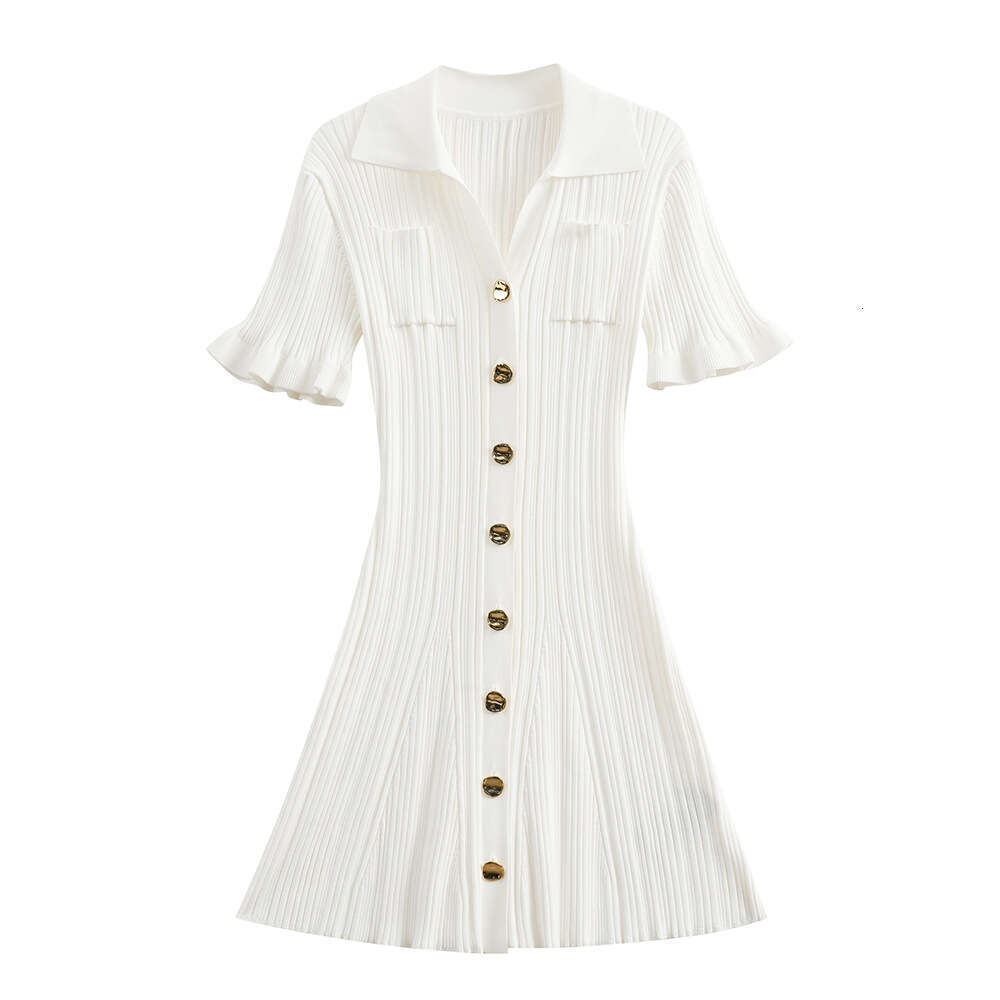 2026 Summer Girl Pink Sweet Shirt Collar Ruffle Sleeves Waist Strap Umbrella Skirt Mermaid Knitted Slimming Dress