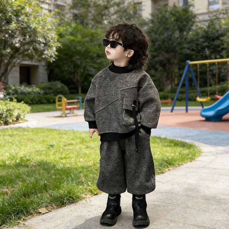 New Velvet Children 2026 Spring Autumn Hoodie Korean Edition Cool Handsome Casual Pants Children's Wear Two Piece Set 4-12Y 26H0211