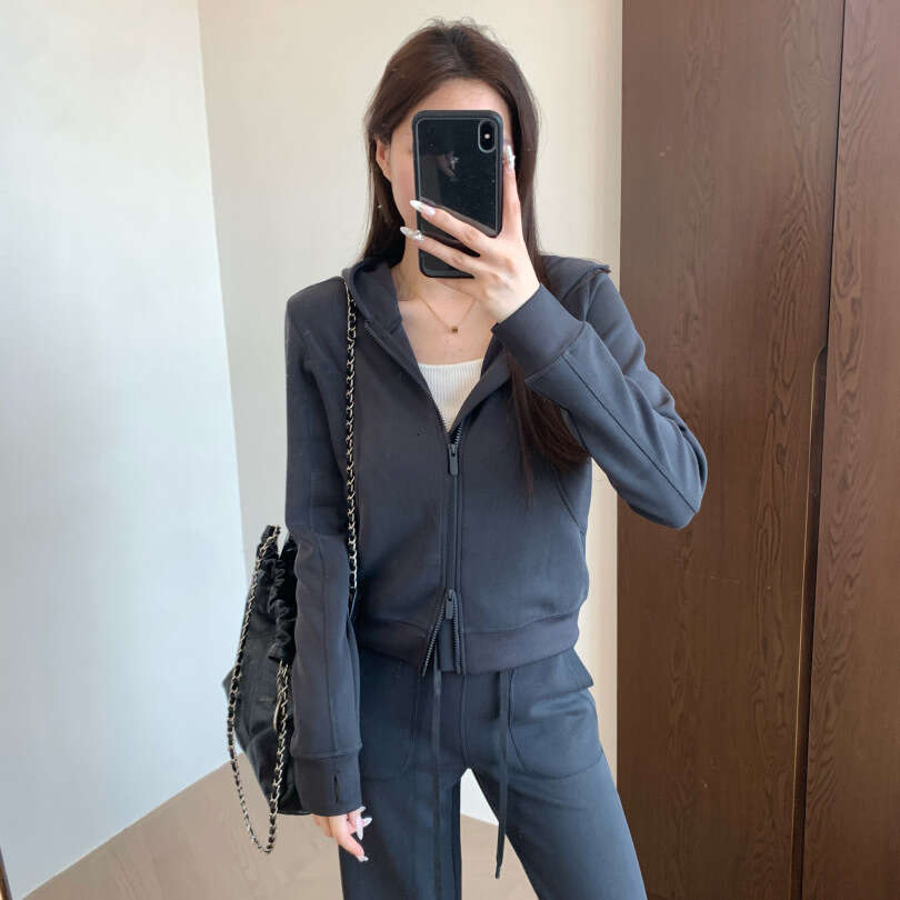 2026 Designer Spring and Autumn New Sand Washed Matte Naked Zipper Hoodie Straight Leg Pants Set