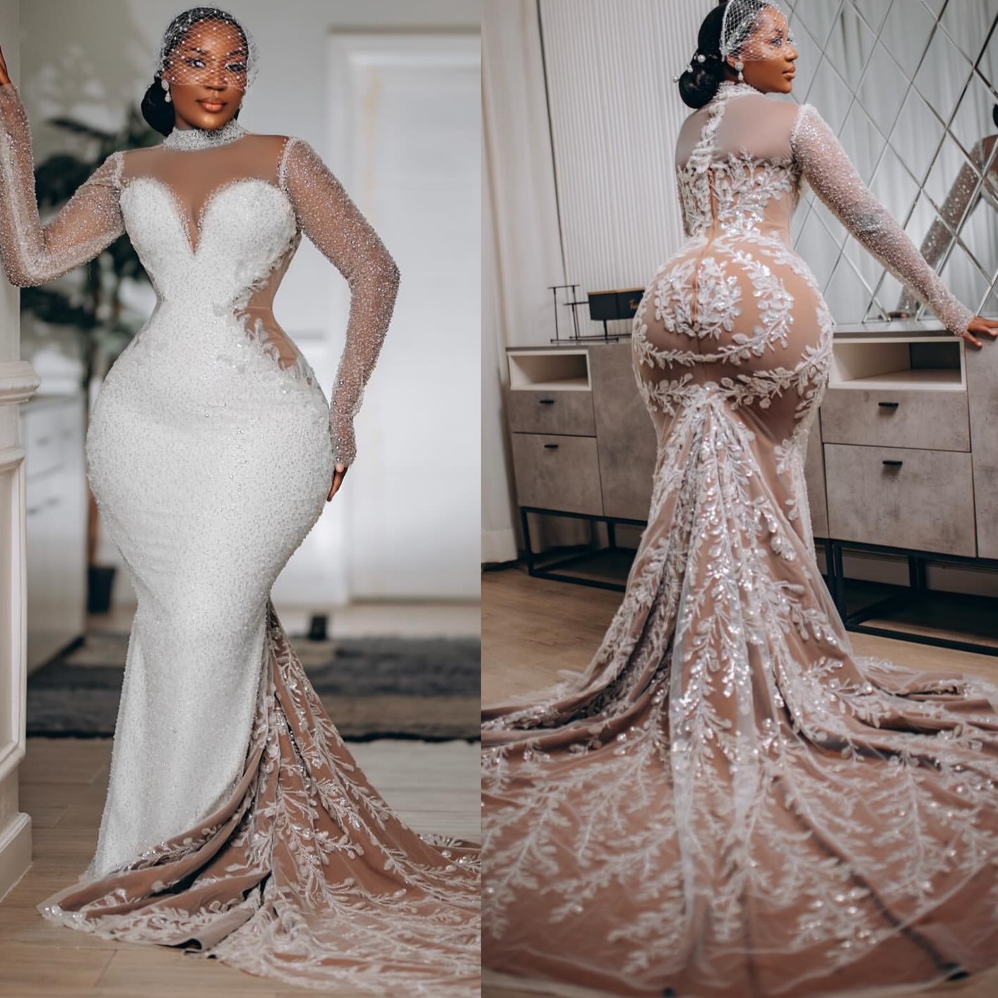 African Aso Ebi 2026 Ivory Mermaid Wedding Dress Illusion Beaded Sequined Lace High Neck Long Sleeves Sparkly Gowns Dresses ZJ2331