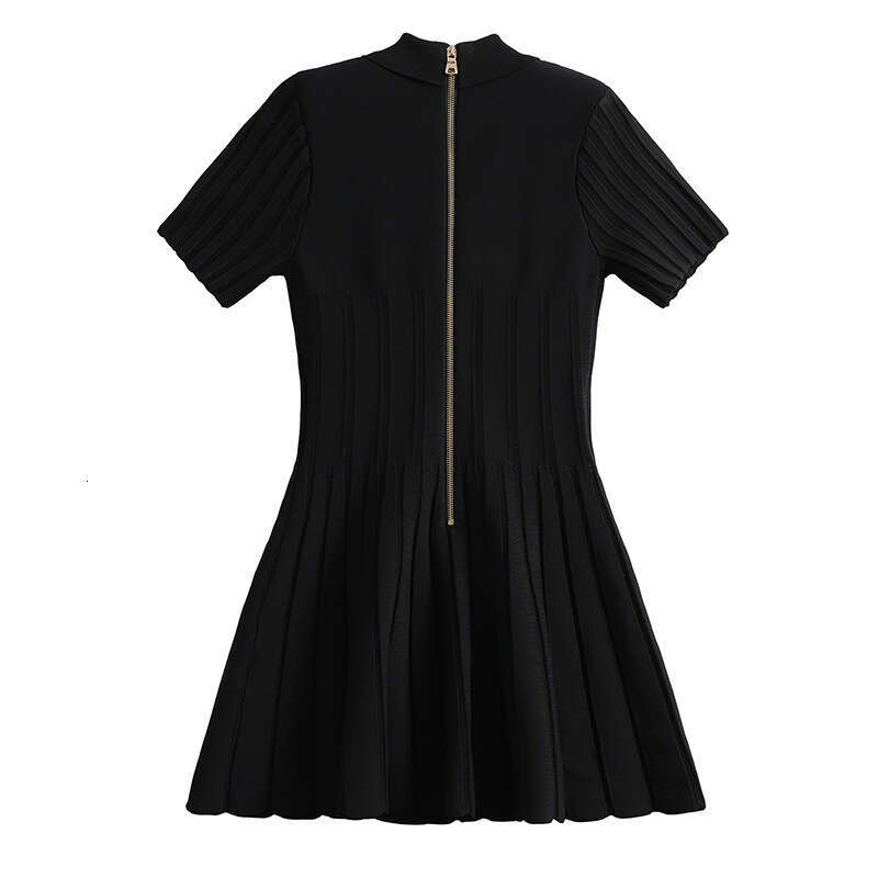 2026 European and American Spring/Summer Fashion Anti Stripe Knitted Collar Slimming A-line Elegant Black Dress