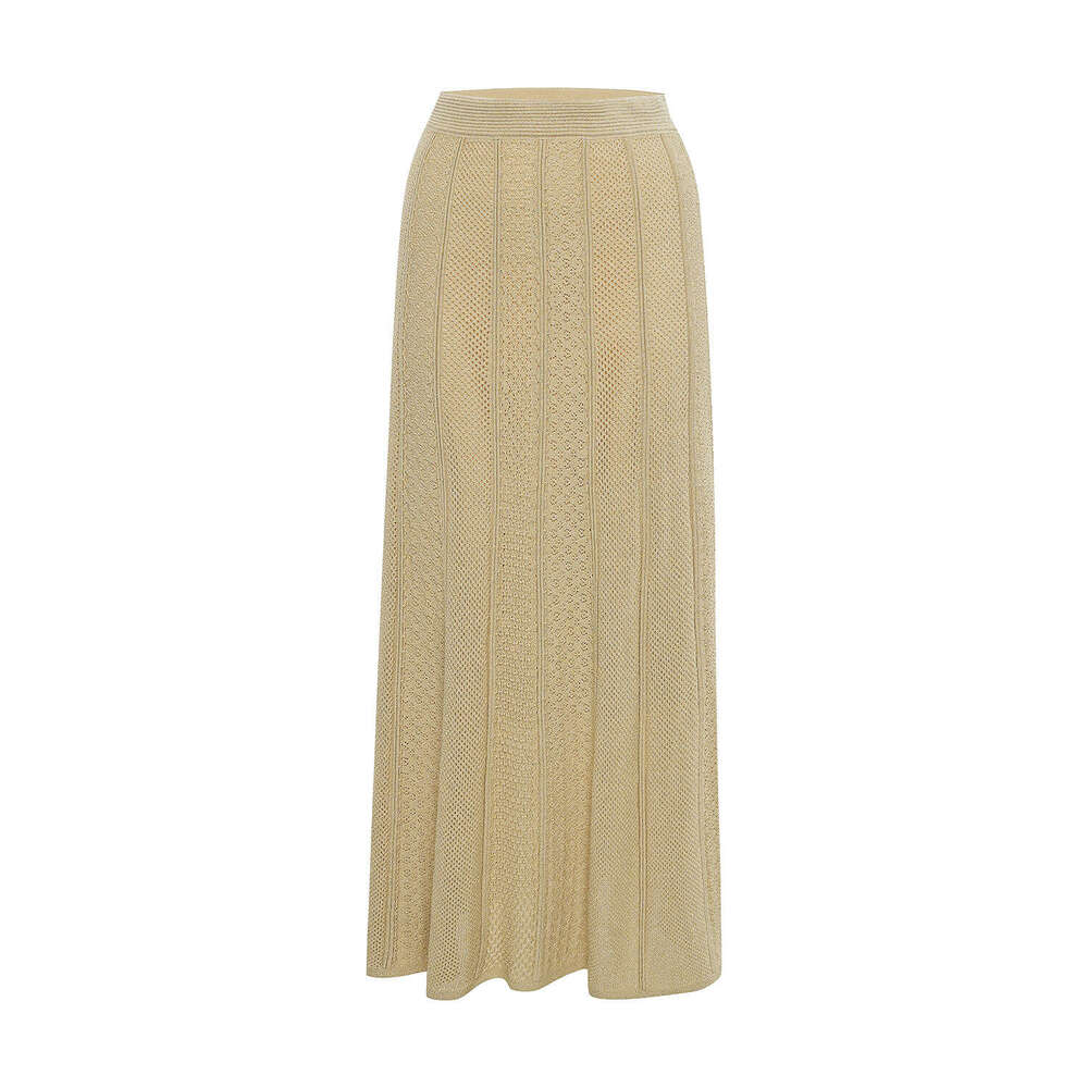 2026 Spring New French Gold Thread Hollow Knitted Open Knitted Woolen Sweater Midi Skirt Two Piece Set for Women