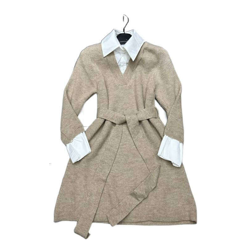 Designer lazy style high-end women's fake two-piece dress autumn tie waist long sleeved shirt with knitted skirt