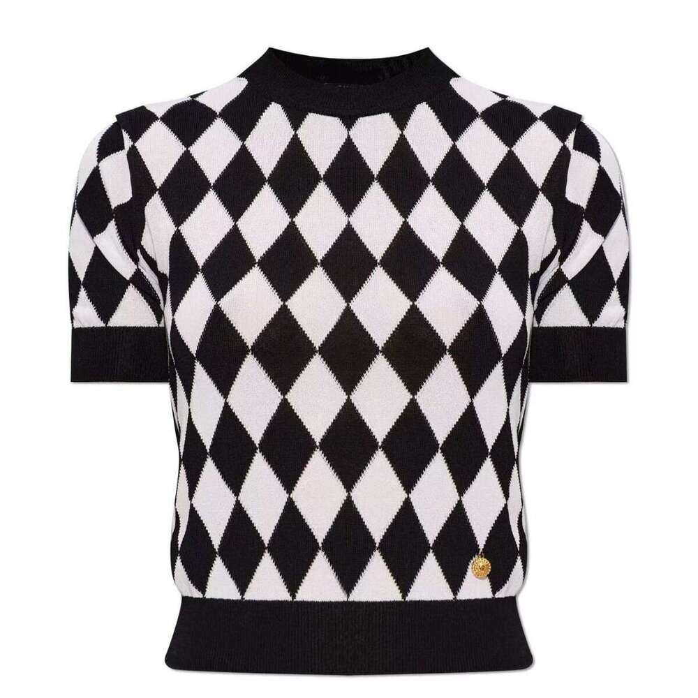 Women's Knitted Sweater Short Sleeve 2026 New European Diamond Pattern Youth Top