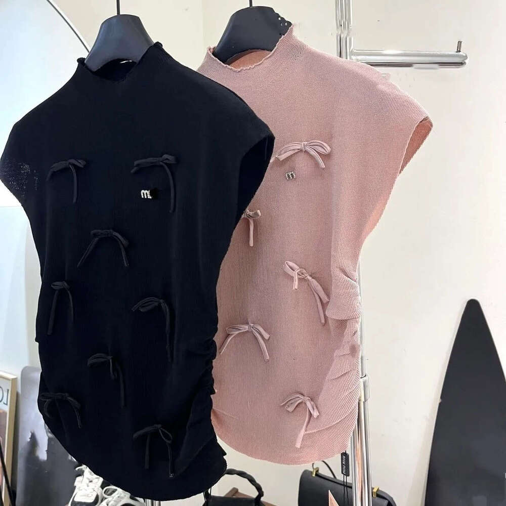 2026 New Women's Stand up Collar Knitted Bow Stickers Letter Logo Water Diamond Stickers Top Summer T-shirt