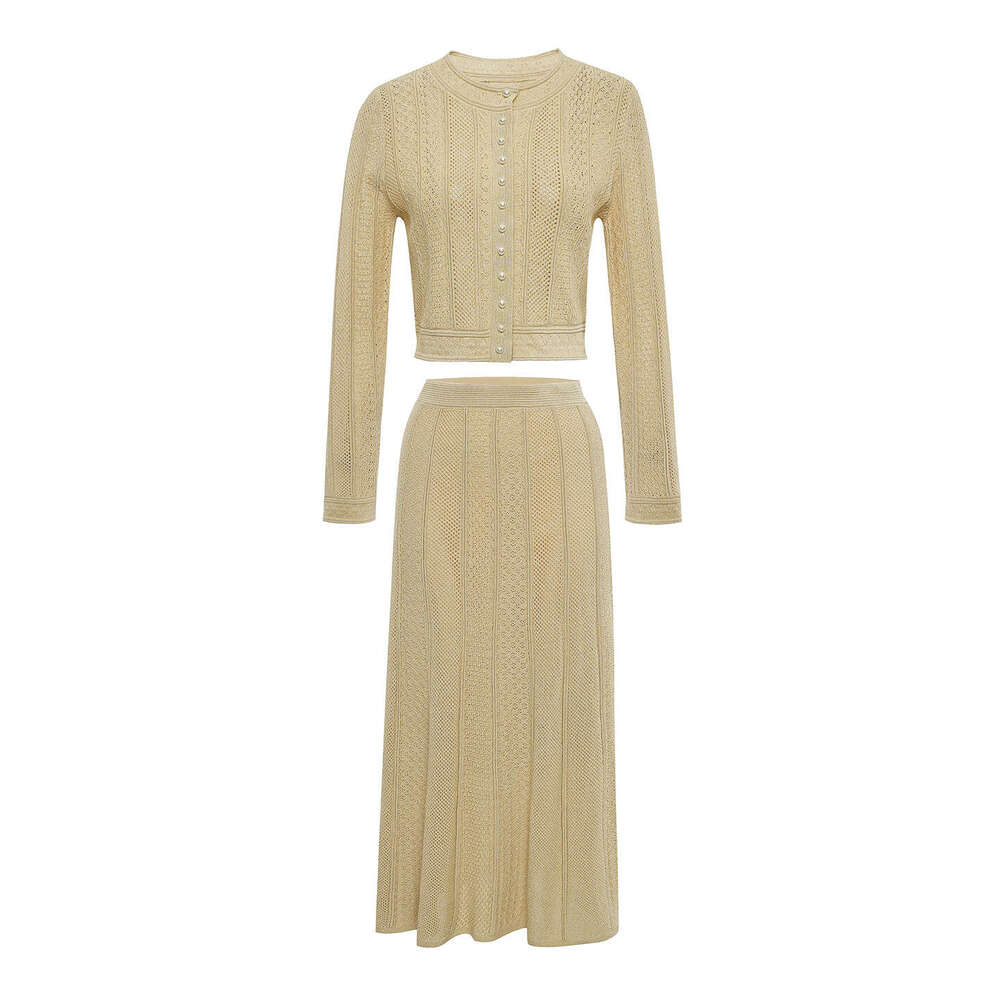 2026 Spring New French Gold Thread Hollow Knitted Open Knitted Woolen Sweater Midi Skirt Two Piece Set for Women