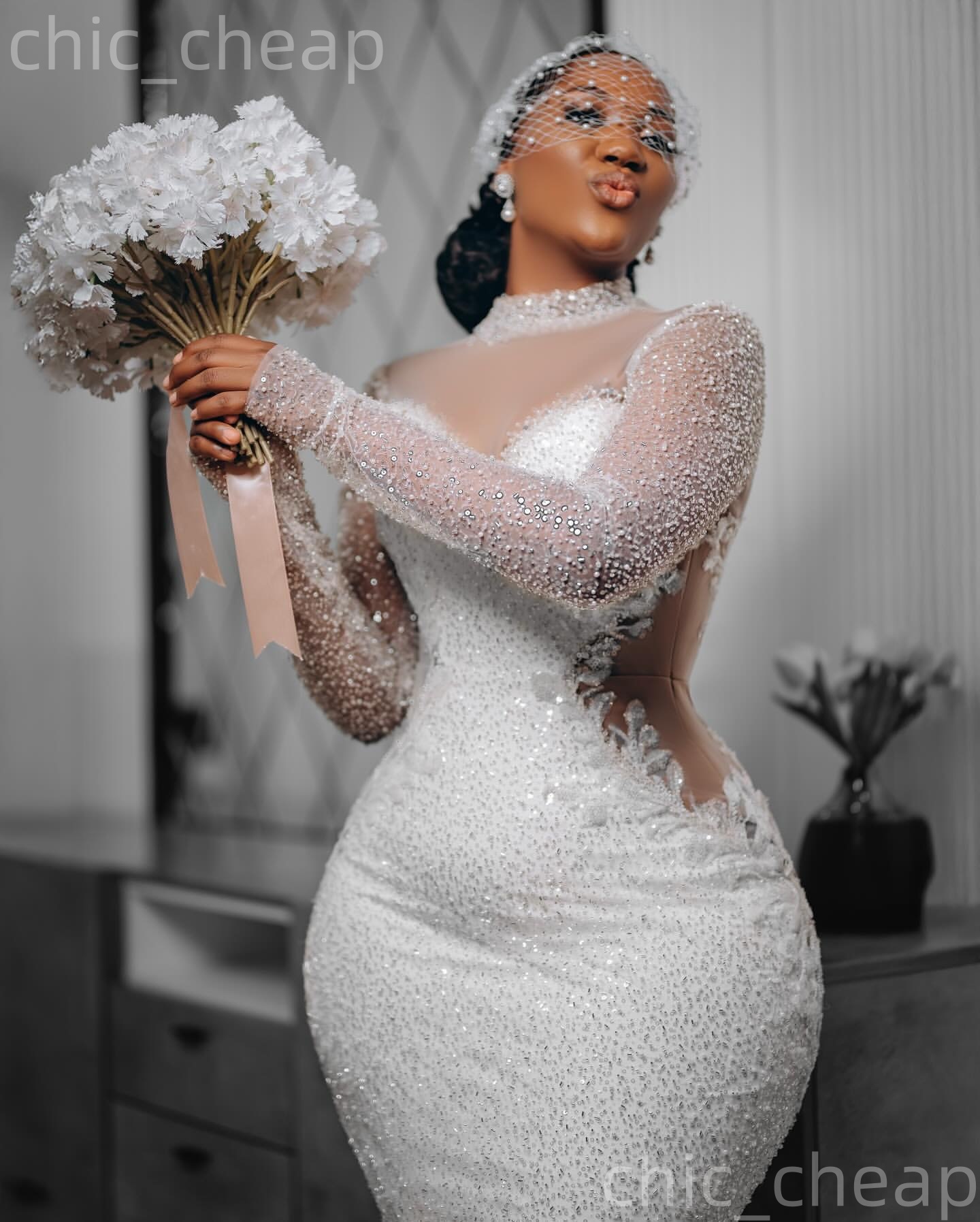 African Aso Ebi 2026 Ivory Mermaid Wedding Dress Illusion Beaded Sequined Lace High Neck Long Sleeves Sparkly Gowns Dresses ZJ2331