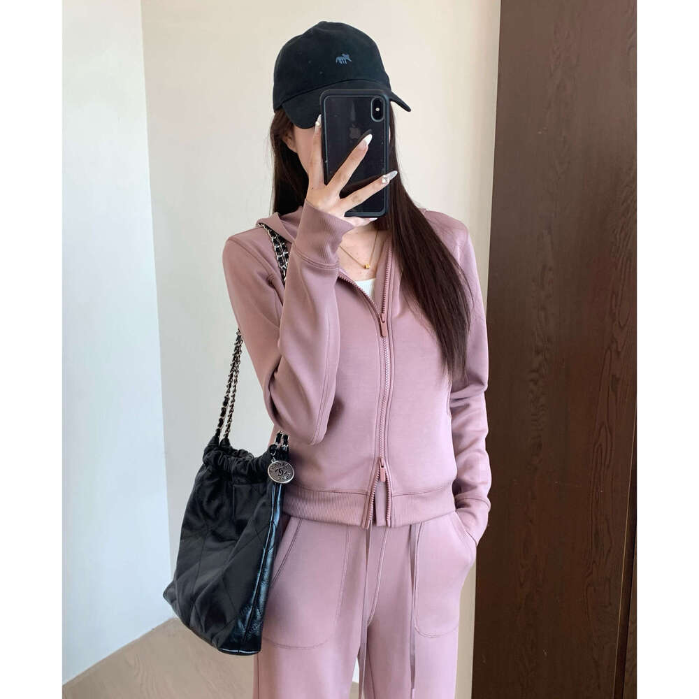 2026 Designer Spring and Autumn New Sand Washed Matte Naked Zipper Hoodie Straight Leg Pants Set