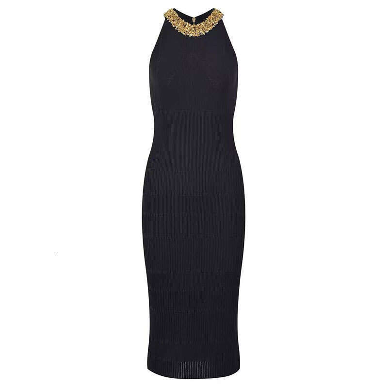 Designer Women's New Half neck Medium length Dress Pure Desire Style Thick Bead Slimming Sleeveless Women's Skirt