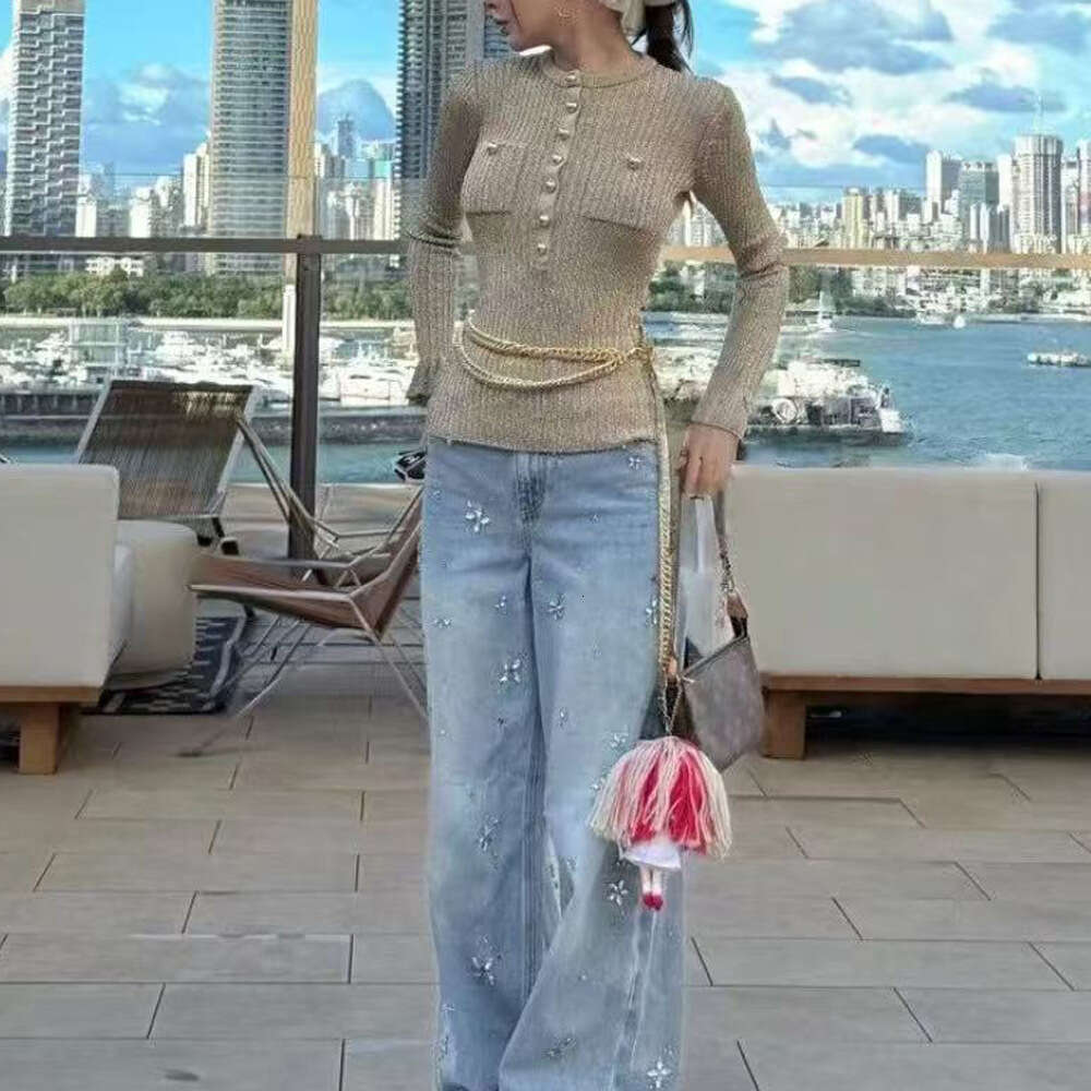 2026 Autumn/Winter New Women's Fashion Gold Round Neck Long Sleeve Solid Color Slimming Knitted Top