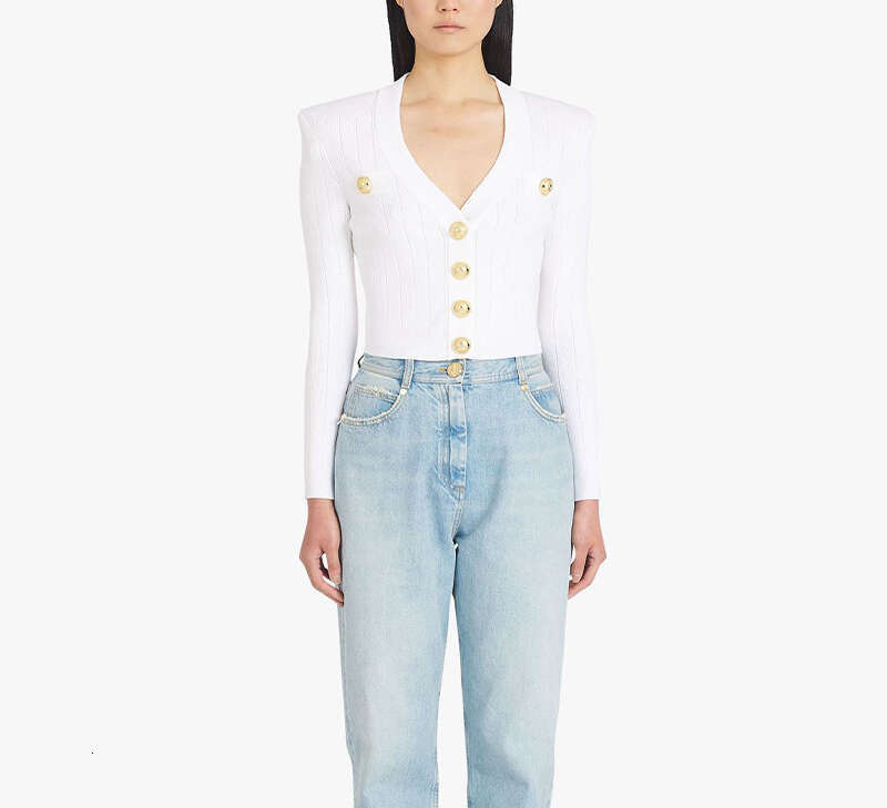 2026 Spring and Autumn deep V-neck long sleeved heavy metal button hollow slim knit short cardigan for women