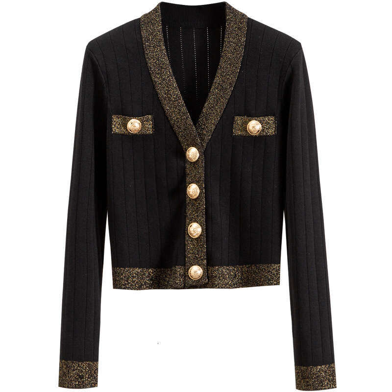 Elegant V-neck women's knitted cardigan spring and autumn style high-end fashion gold button basic shirt top