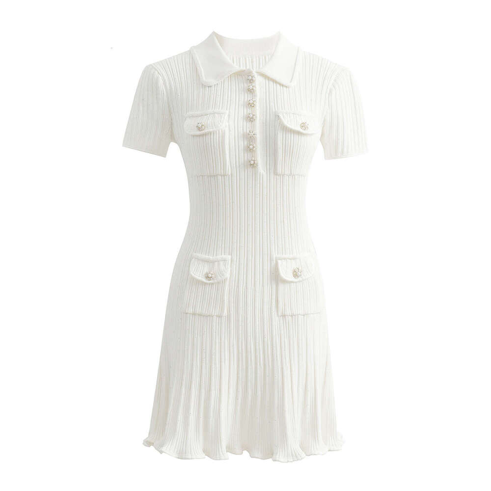 2026 Spring/Summer New Classic White Style Knitted Dress, Slimming and Elegant, Diamond Thread A-line