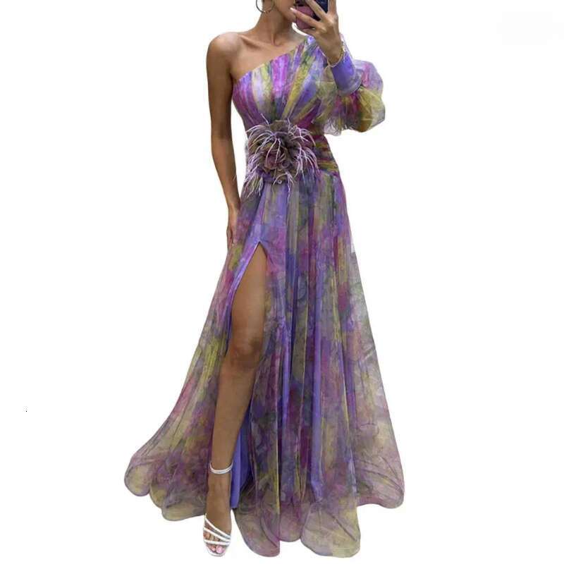 Casual Dress Evening Dress Off Shoulder A-line Elegant Single Shoulder Tie Dyeing Ball Dress Mesh Bubble Sleeves Open Hemp