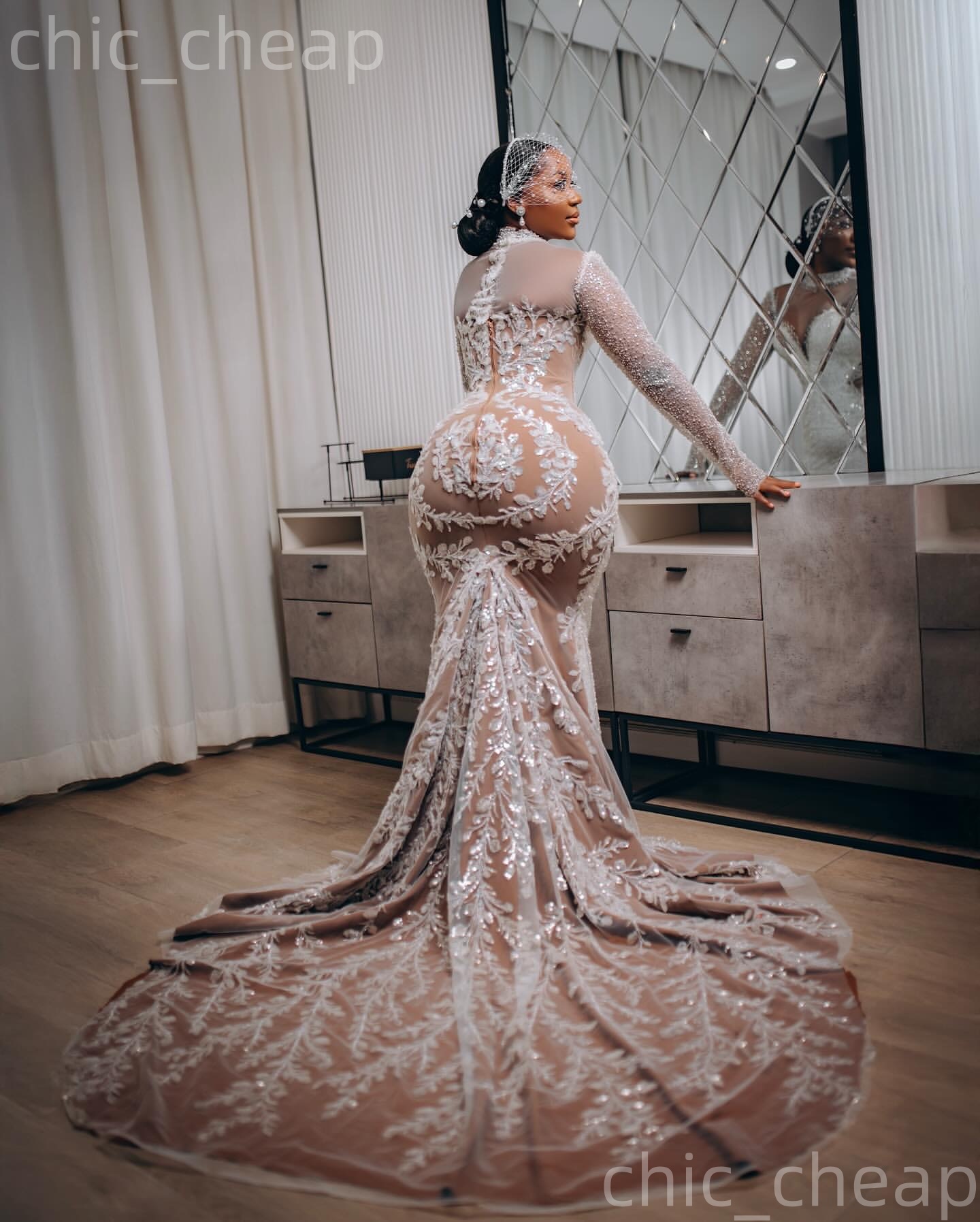 African Aso Ebi 2026 Ivory Mermaid Wedding Dress Illusion Beaded Sequined Lace High Neck Long Sleeves Sparkly Gowns Dresses ZJ2331