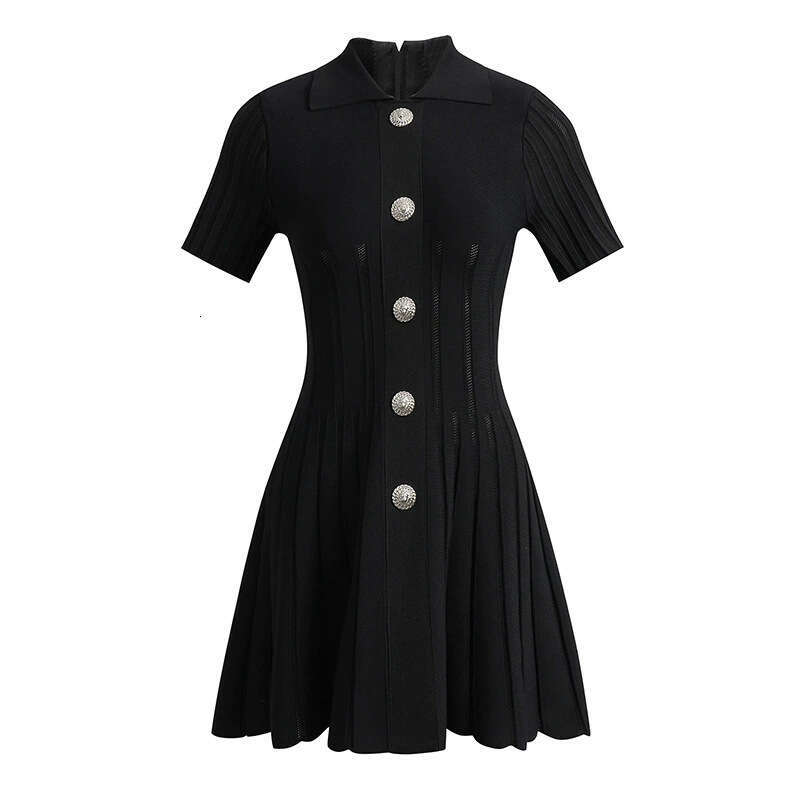 2026 European and American Spring/Summer Fashion Anti Stripe Knitted Collar Slimming A-line Elegant Black Women's Dress