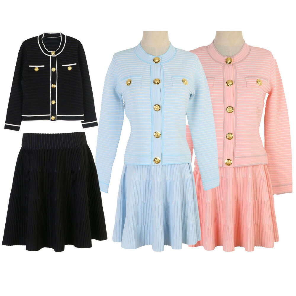 2026 Autumn/Winter New Knitted Cardigan Women's Round Neck Color blocked Slimming Style Women's Short Skirt Set