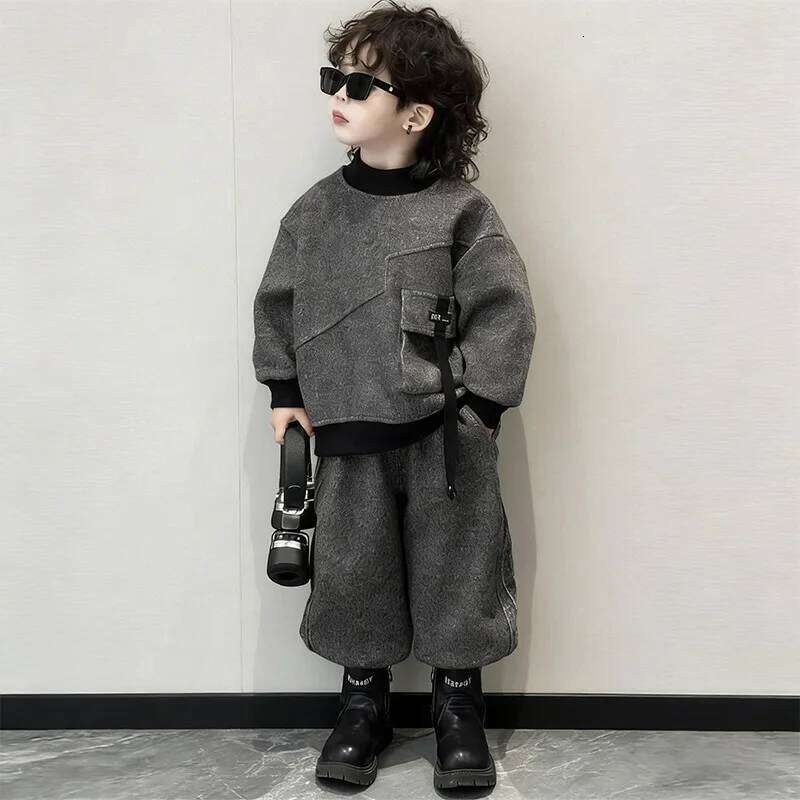 New Velvet Children 2026 Spring Autumn Hoodie Korean Edition Cool Handsome Casual Pants Children's Wear Two Piece Set 4-12Y 26H0211