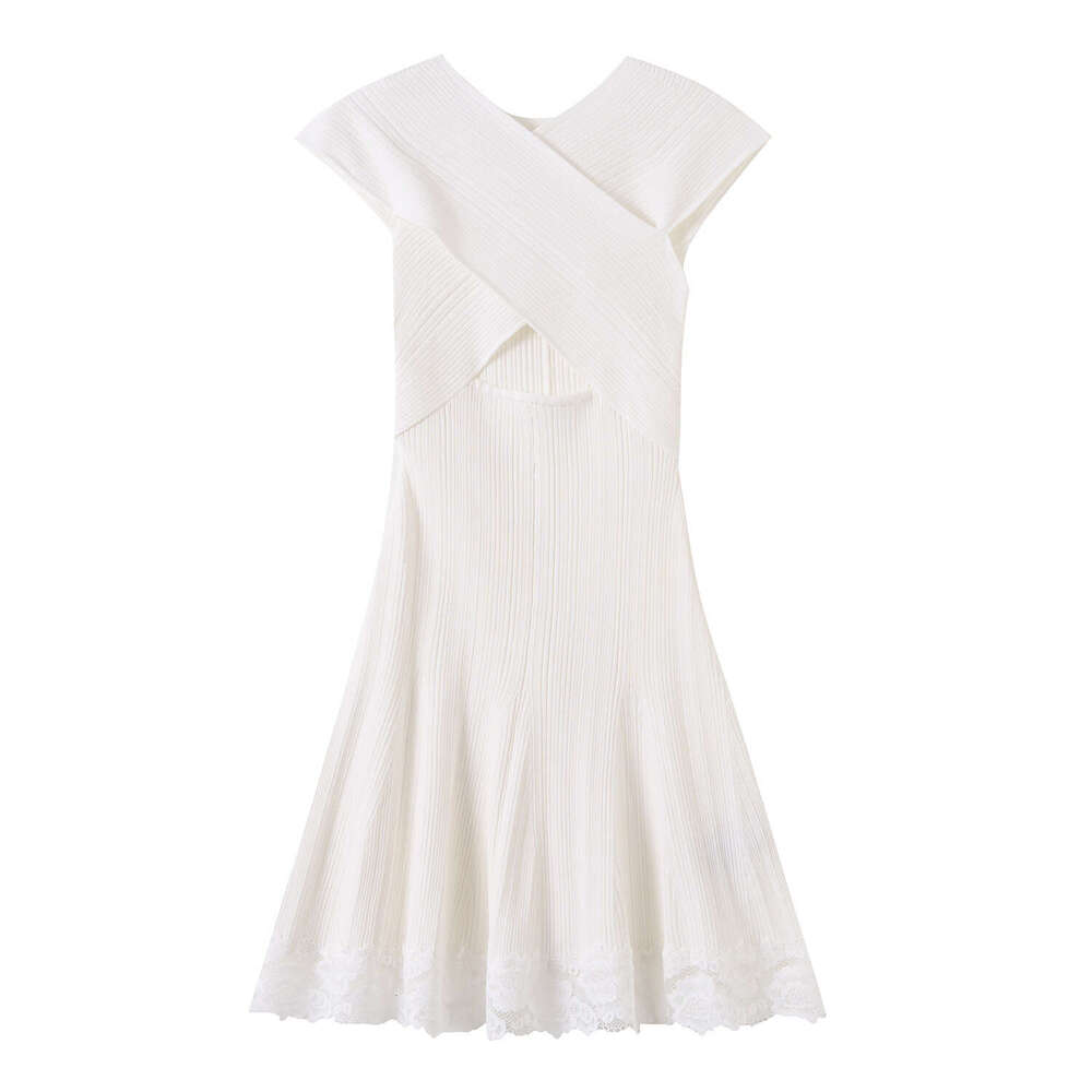2026 summer minimalist designer style sleeveless cross waistband lace knit women's dress