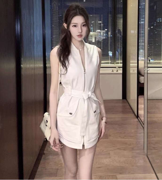 2026 Business Aesthetics Old Money Sleeveless Tie Straight Waist Work Clothes Style Zipper Dress Children