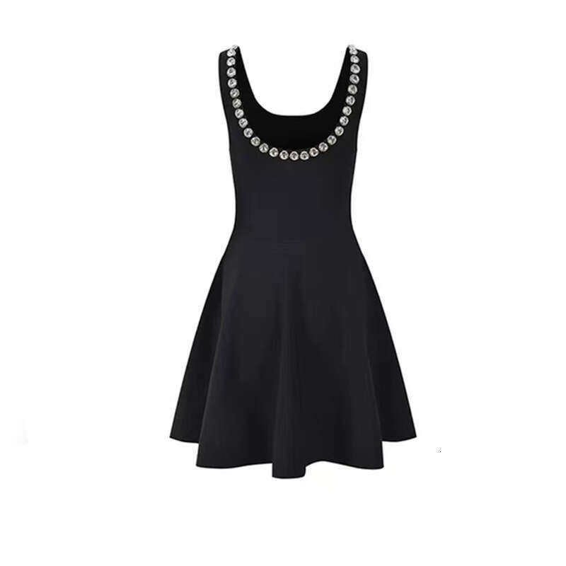 2026 autumn new style sexy and fashionable rhinestone decoration large U-neck backless knitted vest dress for women