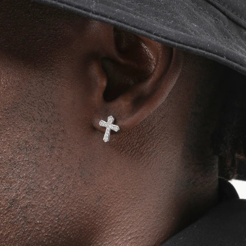 Rhinestones Cross Earrings for Men Personality Hip-Hop Pair Stainless Steel Stud Earrings Male Womens Party Jewelry 260206